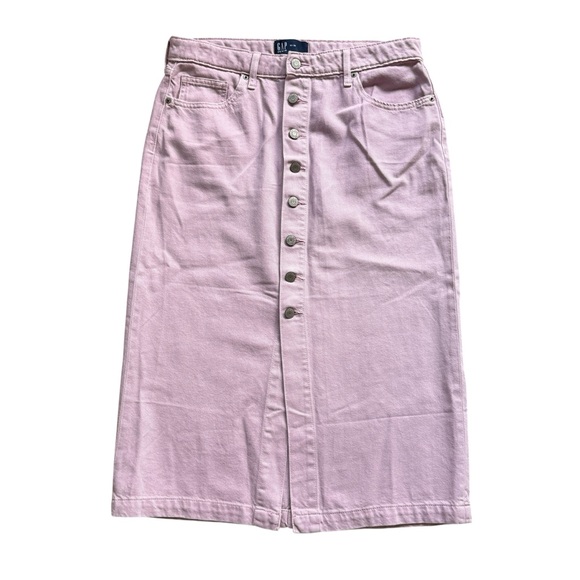 GAP Dresses & Skirts - GAP Denim Lilac Pink Button Front Midi Skirt Sz 10 High Rise A-Line Cotton Y2K